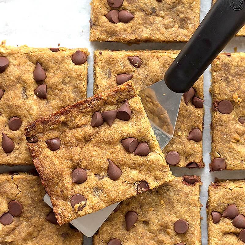 low carb brown butter blondies on serving spatula