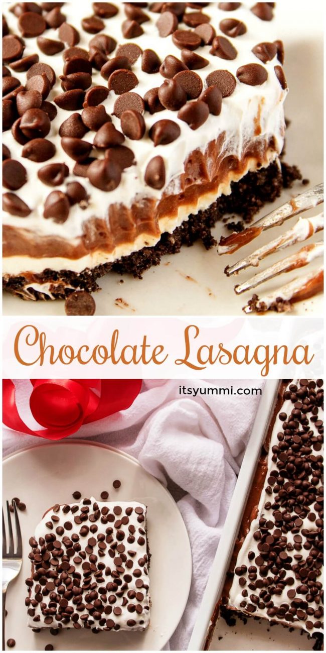 chocolate dessert lasagna (chocolate lush) photo collage
