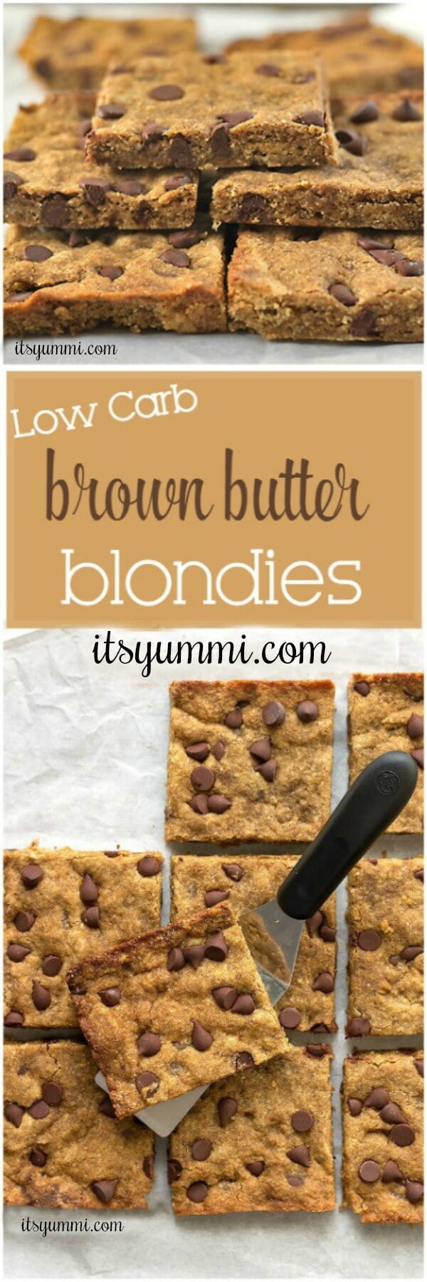 Brown butter blondies | soft cookie bars with brown butter | healthier blondie recipe | low carb blondies made with almond flour | plant-based, low glycemic sweetener | dark chocolate chips | #recipe #lowcarb #dessert #blondies