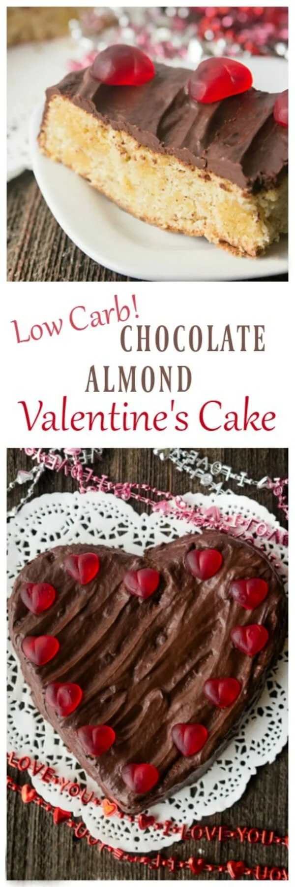 Chocolate almond flour cake baked in a heart shaped cake pan makes the perfect Valentine's Day dessert! This low carb chocolate cake made with almond flour is covered with sugar-free chocolate ganache and has NO REFINED SUGAR. Chocolate cake recipe for two that tastes indulgent, but is a healthier dessert. #lowcarb #valentinesday #cake #dessert #chocolate #recipe Low Carb Chocolate Almond Flour Cake baked in a heart shaped pan for Valentine's Day