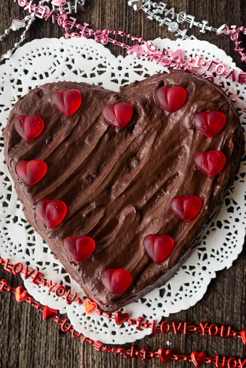 Low Carb Chocolate Almond Flour Cake baked into a heart shape for Valentine's Day