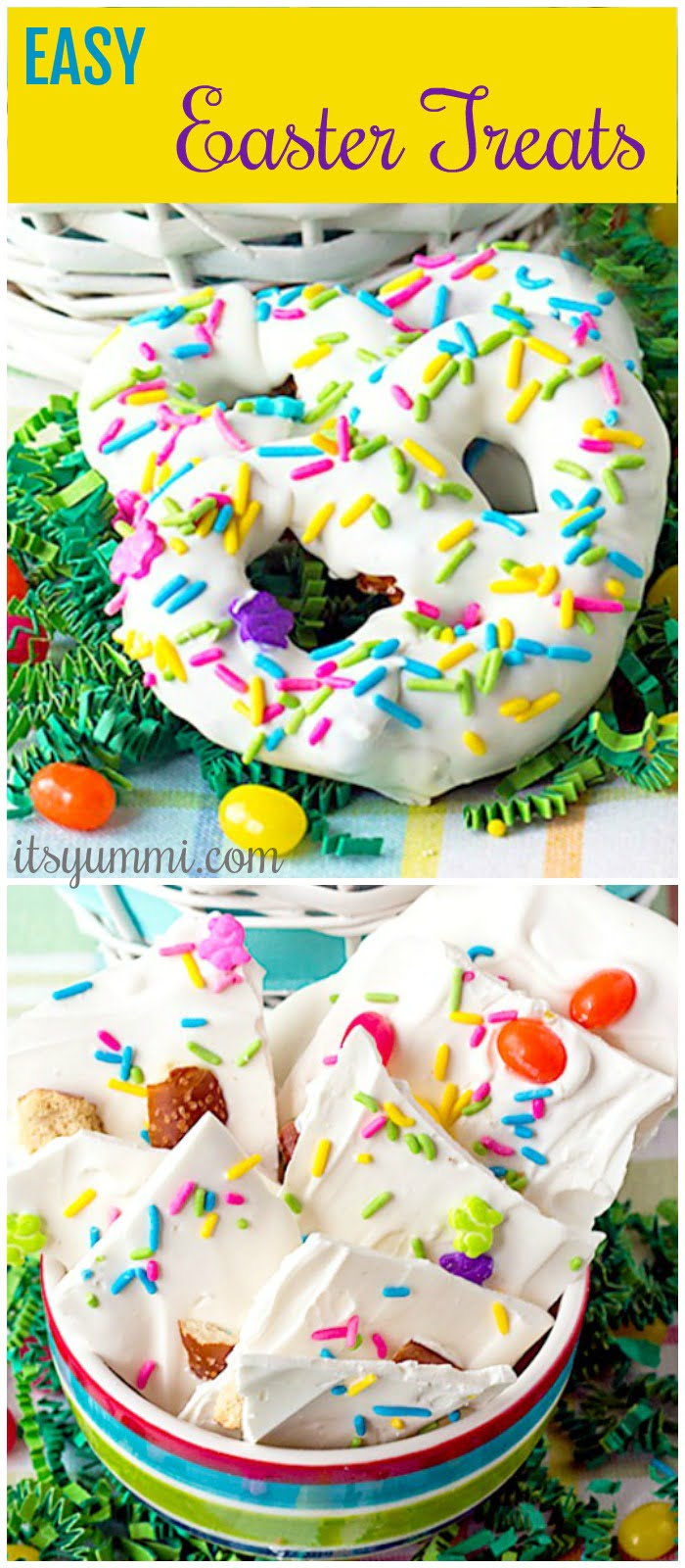titled photo collage - Easy Easter Treats - collage shows a bowl of white chocolate Bunny bark and white chocolate covered pretzels with colored sprinkles