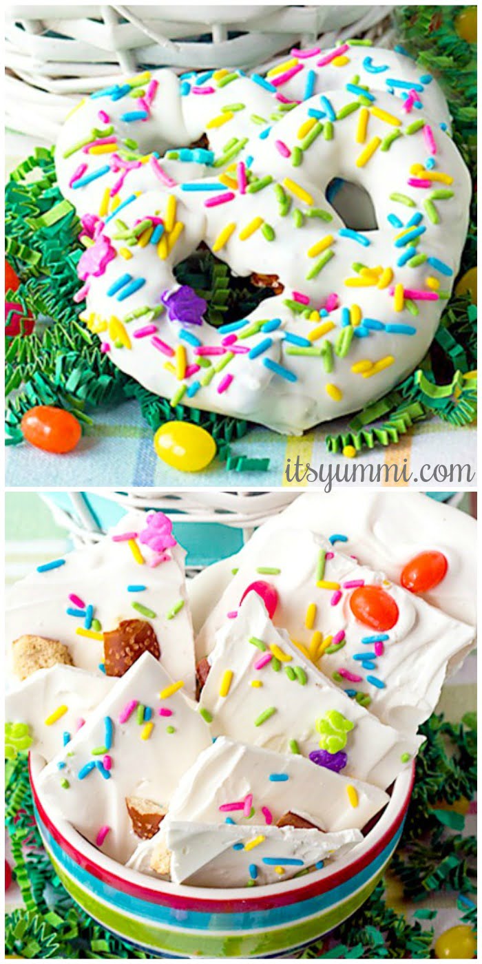 Looking for Easter basket ideas? These homemade Easter treats can be made in less than 10 minutes, for less than $10! #easter #diy #eastertreats #chocolate #desserts #easterbunny photo collage - on the top, white chocolate covered pretzels with colored sprinkles, and below it, a bowl of white chocolate candy bark