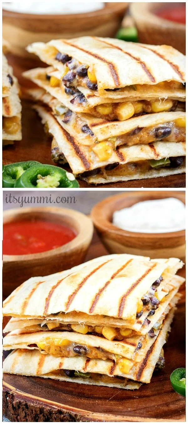 Vegetarian quesadillas will be a welcome entree for a meatless Mexican dinner or lunch. Each quesadilla is stuffed with a spicy corn and black bean mixture and cheese.This quesadilla recipe is ready to eat in 20 minutes. Includes Weight Watcher's friendly options - substitutions noted in the recipe. #Mexican #WeightWatchers #recipe #quesadilla #appetizer #vegetarian #meatless untitled photo collage of vegetarian quesadillas with spicy corn and black bean filling