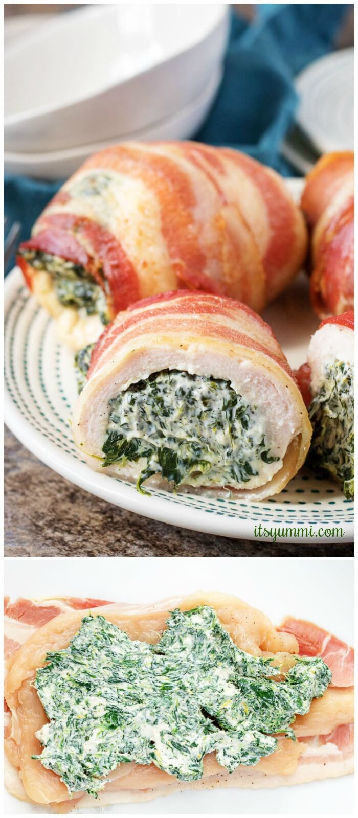 pinterest photo collage of bacon wrapped chicken roll ups