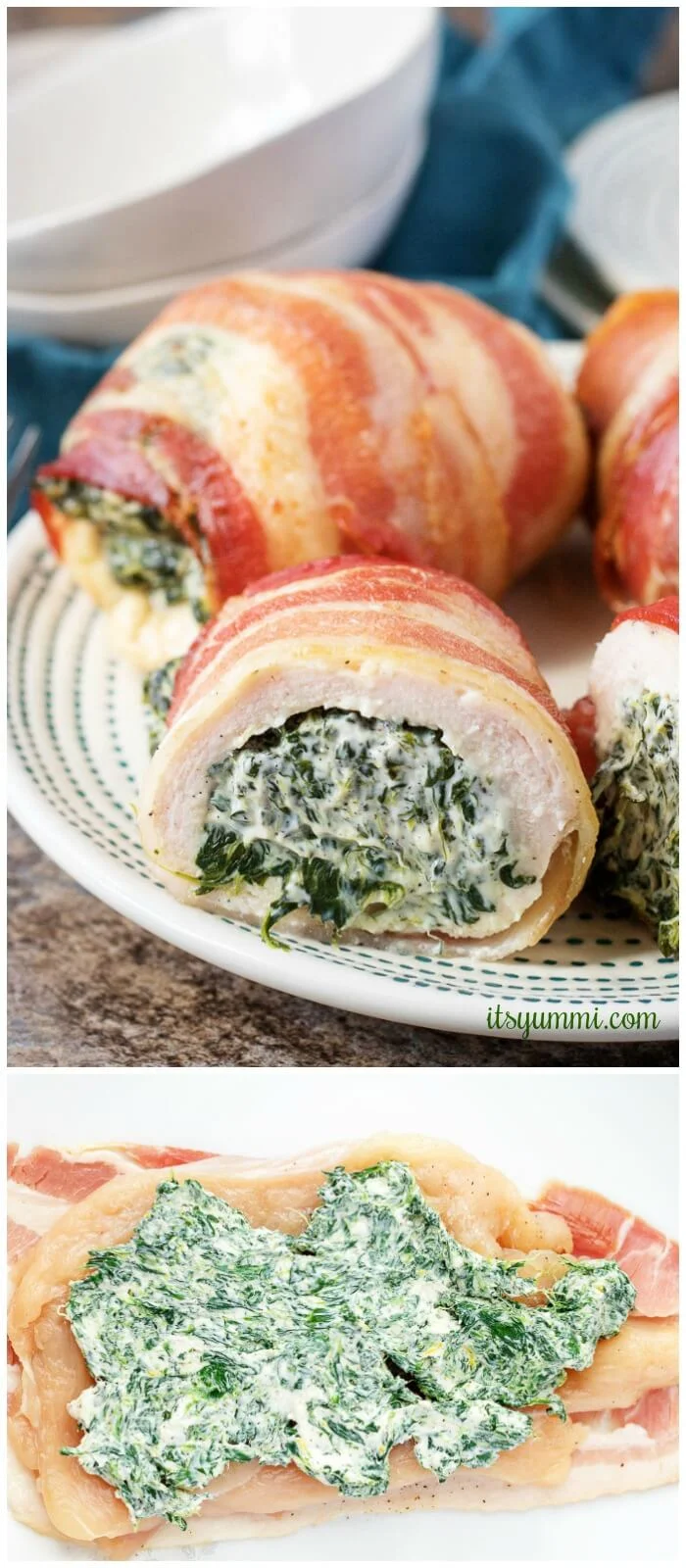 Bacon wrapped chicken roll ups - boneless chicken breasts stuffed with cream cheese and spinach, wrapped with bacon. These baked chicken bundles are low carb and SO good. #quickdinner #chicken #recipe #easydinner #lowcarb pinterest photo collage of bacon wrapped chicken roll ups