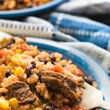 plate of Spanish Rice with beef sirloin steak