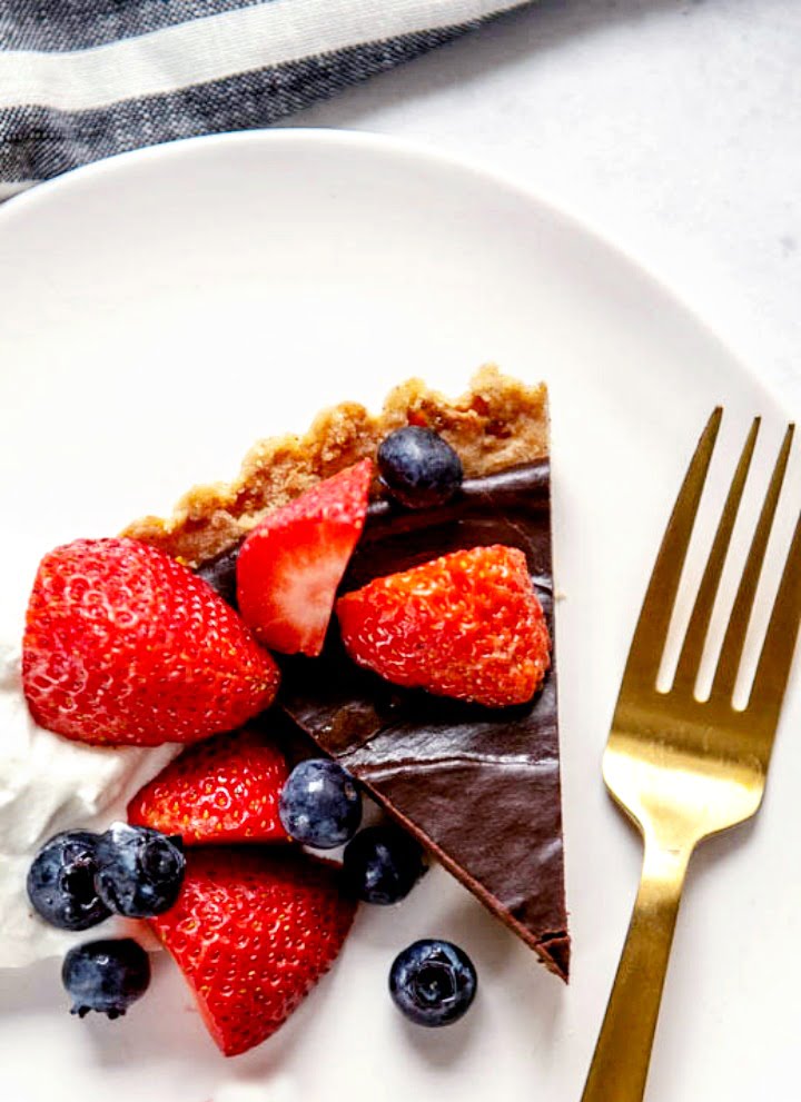 slice of dessert tart with dark chocolate ganache