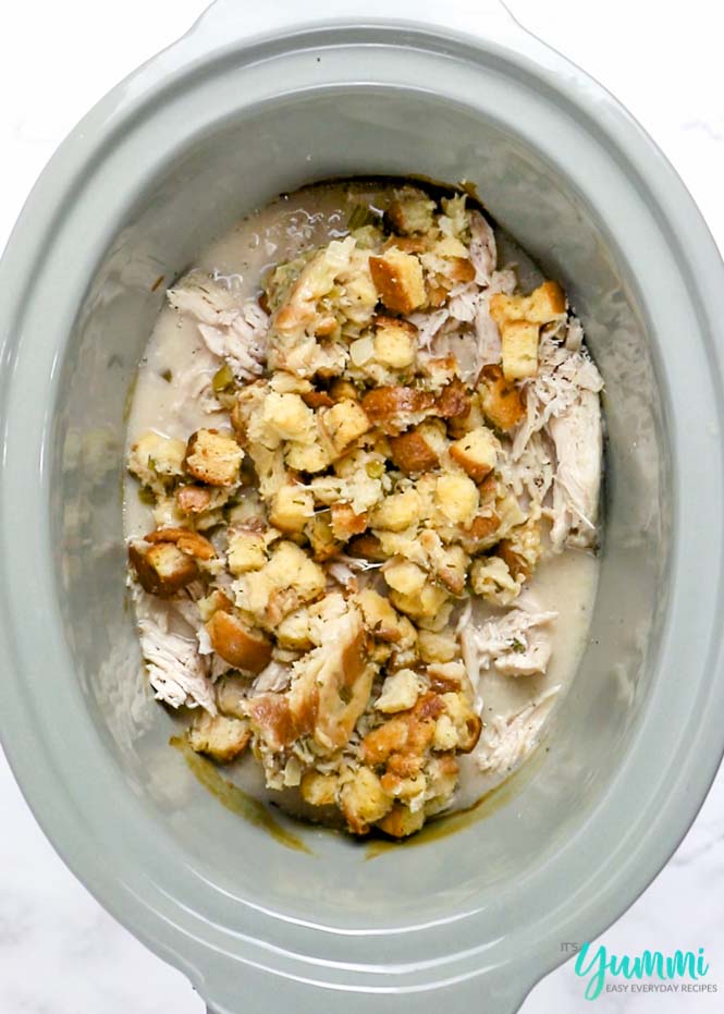 slow cooker with chicken and stuffing mixed together