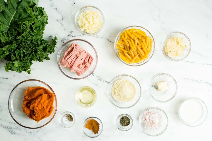 Ingredients for creamy pumpkin pasta sit in individual bowls on a white table top. 